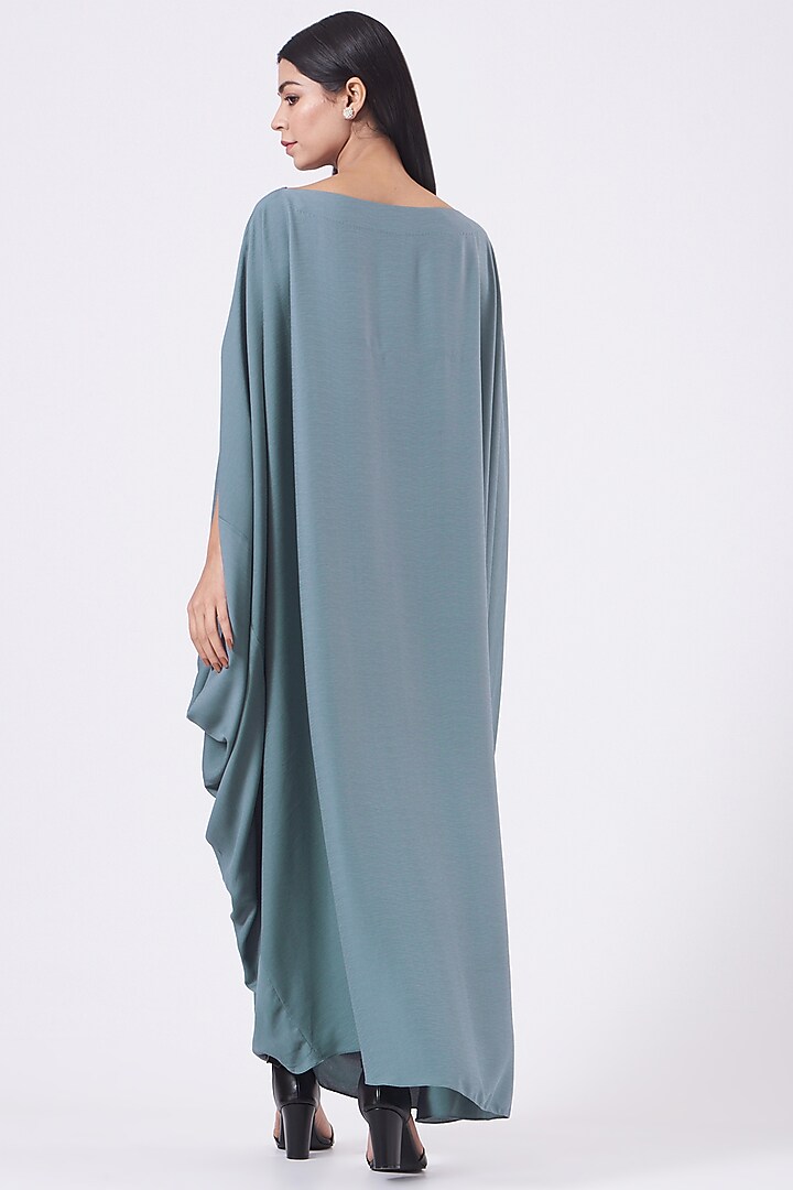 Blue-Grey Hand Embroidered Cowl Draped Vacation Dress by July at Pernia's Pop Up Shop