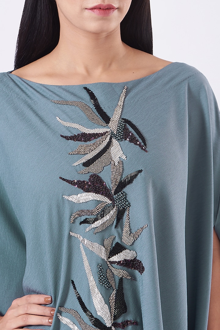 Blue-Grey Hand Embroidered Cowl Draped Vacation Dress by July at Pernia's Pop Up Shop