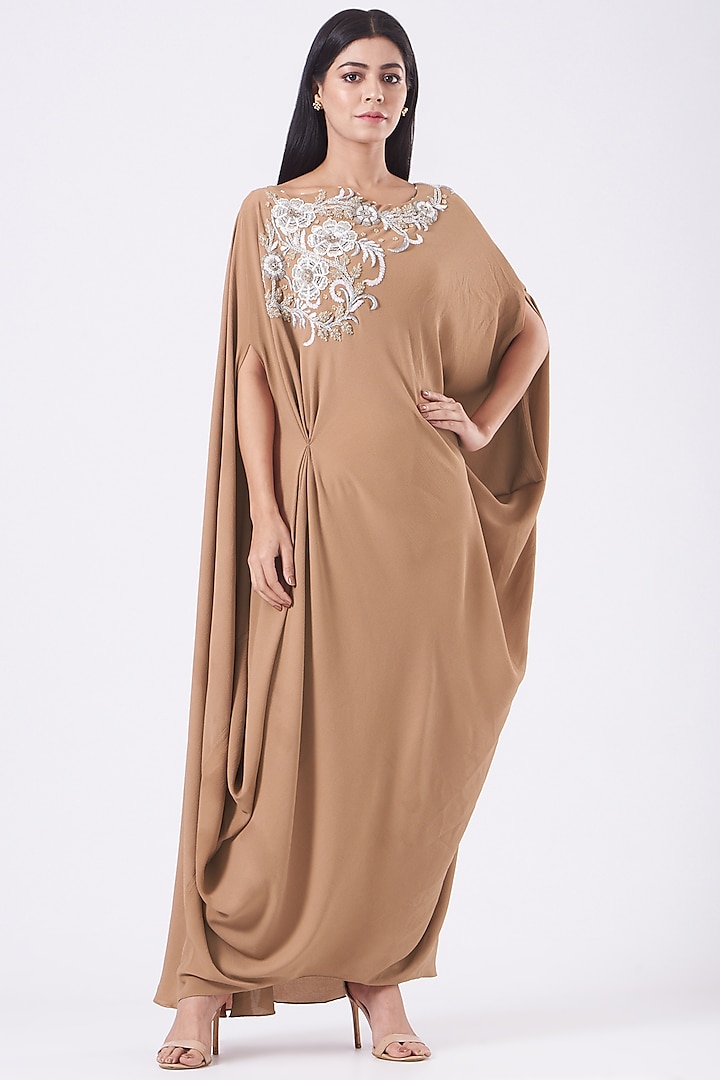 Beige Hand Embroidered Asymmetrical Dress by July