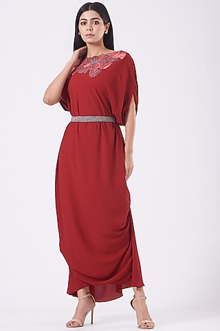 Maroon Hand Embroidered Cowl Draped Dress With Belt by July