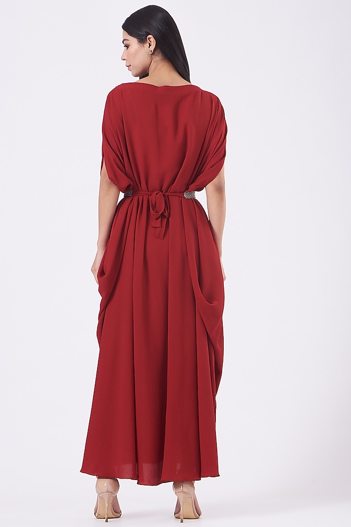 Maroon Hand Embroidered Cowl Draped Vacation Dress With Belt by July at Pernia's Pop Up Shop