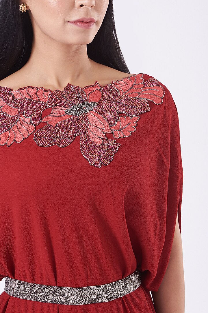 Maroon Hand Embroidered Cowl Draped Vacation Dress With Belt by July at Pernia's Pop Up Shop