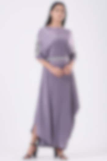 Mauve Hand Embroidered Dress With Belt by July