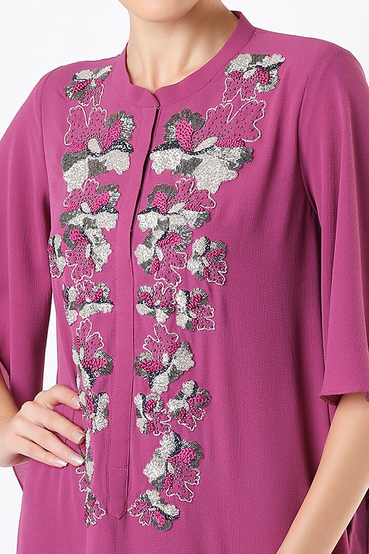 Raspberry Pink Embroidered Flared Asymmetrical Kurta by July at Pernia's Pop Up Shop
