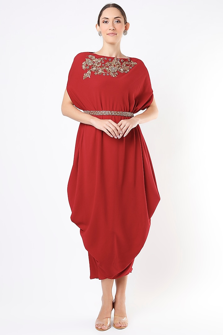 Cadmium Red Embroidered Draped Cowl Dress by July