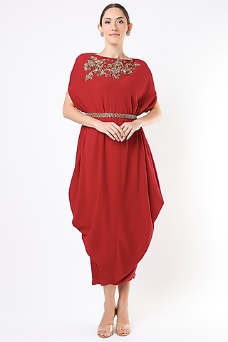 Cadmium Red Embroidered Draped Cowl Dress by July