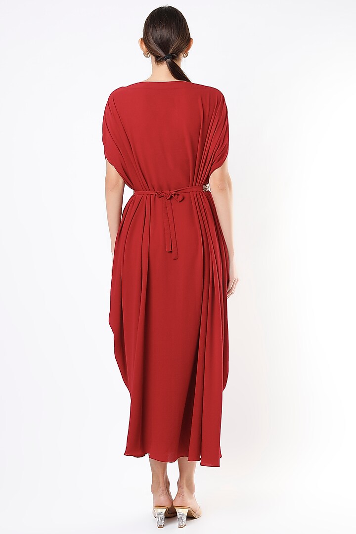Cadmium Red Embroidered Draped Cowl Vacation Dress by July at Pernia's Pop Up Shop