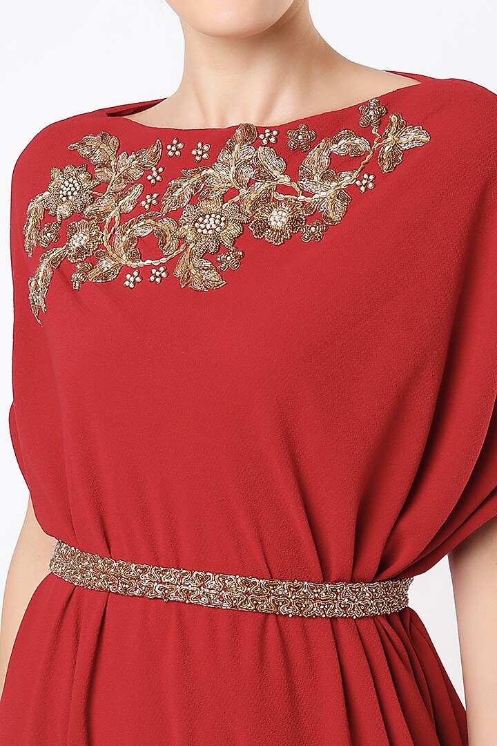 Cadmium Red Embroidered Draped Cowl Vacation Dress by July at Pernia's Pop Up Shop