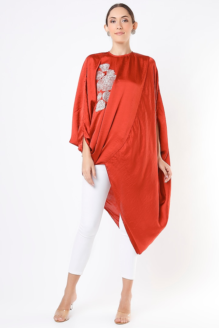 Bright Red Embroidered Asymmetrical Top by July