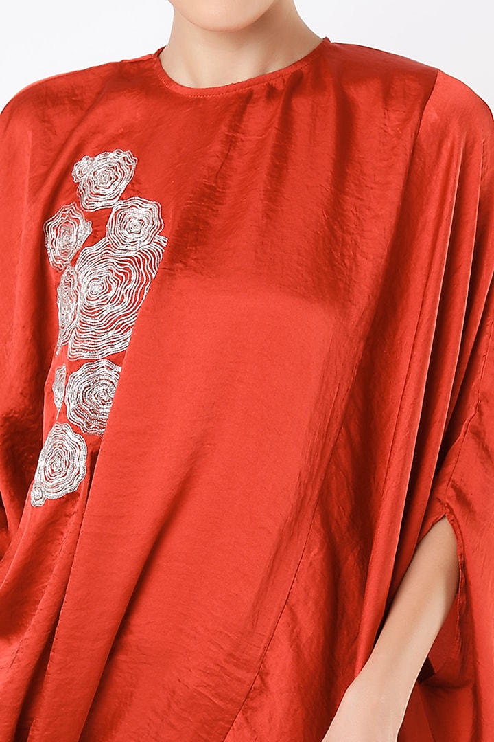 Bright Red Embroidered Asymmetrical Top by July at Pernia's Pop Up Shop
