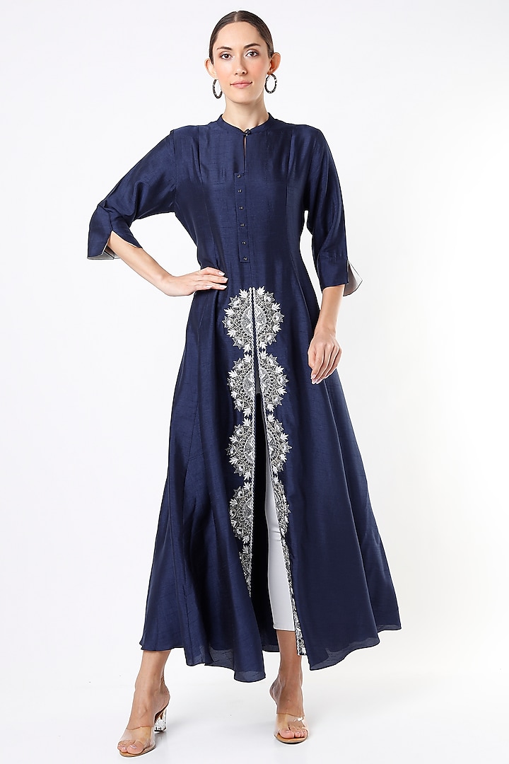 Catalina Blue Hand Embroidered Long Kurta by July