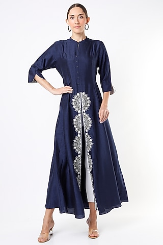 Catalina Blue Hand Embroidered Long Kurta by July