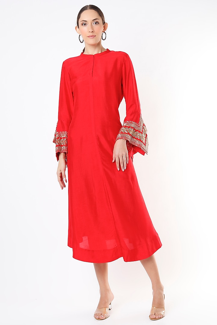 Bright Red Embroidered A-Line Long Kurta by July
