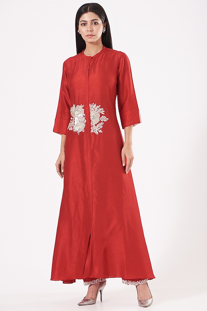 Red Hand Embroidered Kurta Set by July