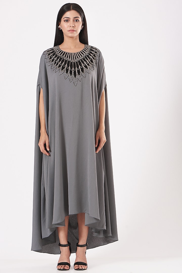 Grey Embroidered Cowl Draped Dress by July