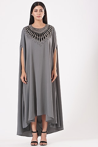 Grey Embroidered Cowl Draped Dress by July