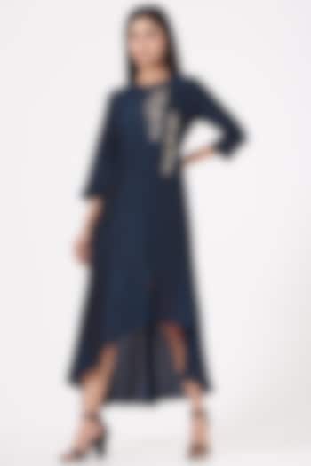 Midnight Blue Embroidered Asymmetrical Kurta by July