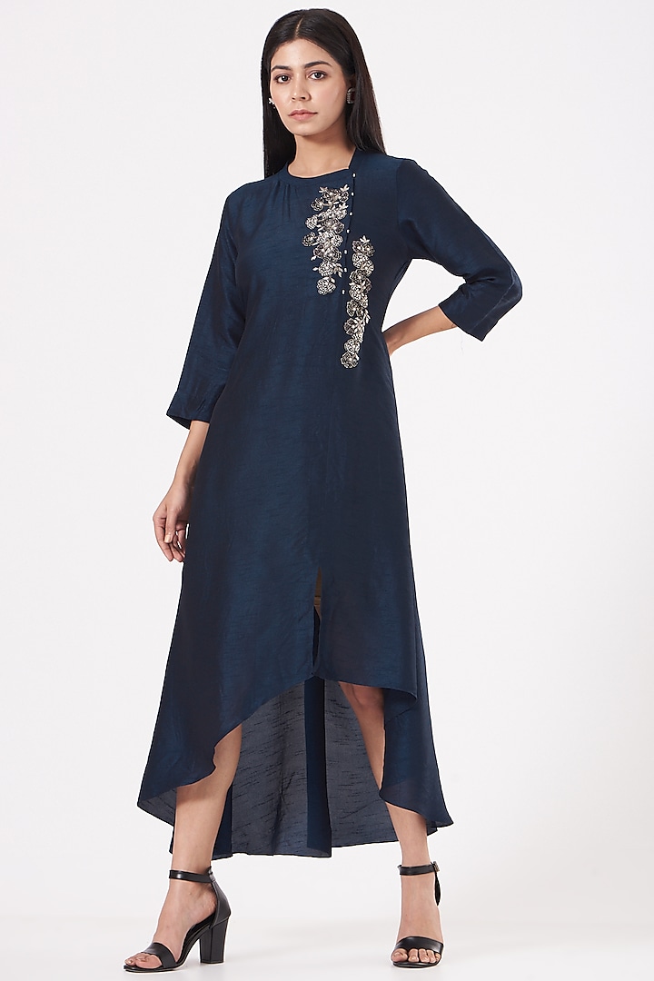 Midnight Blue Embroidered Asymmetrical Kurta by July
