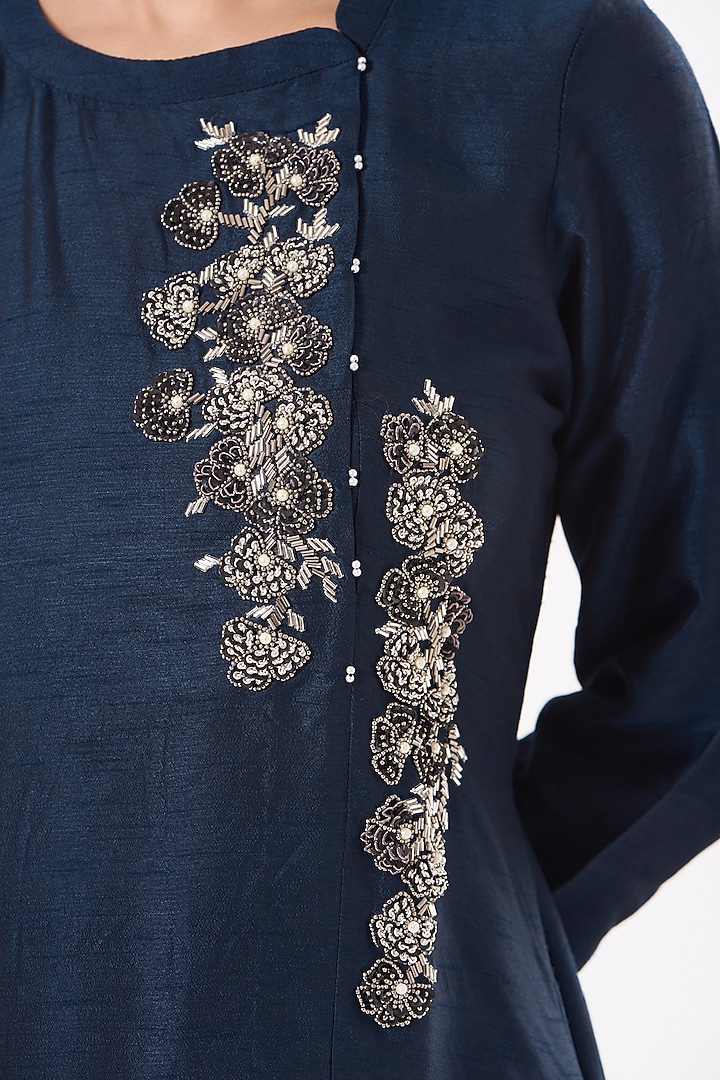 Midnight Blue Embroidered Asymmetrical Kurta by July at Pernia's Pop Up Shop