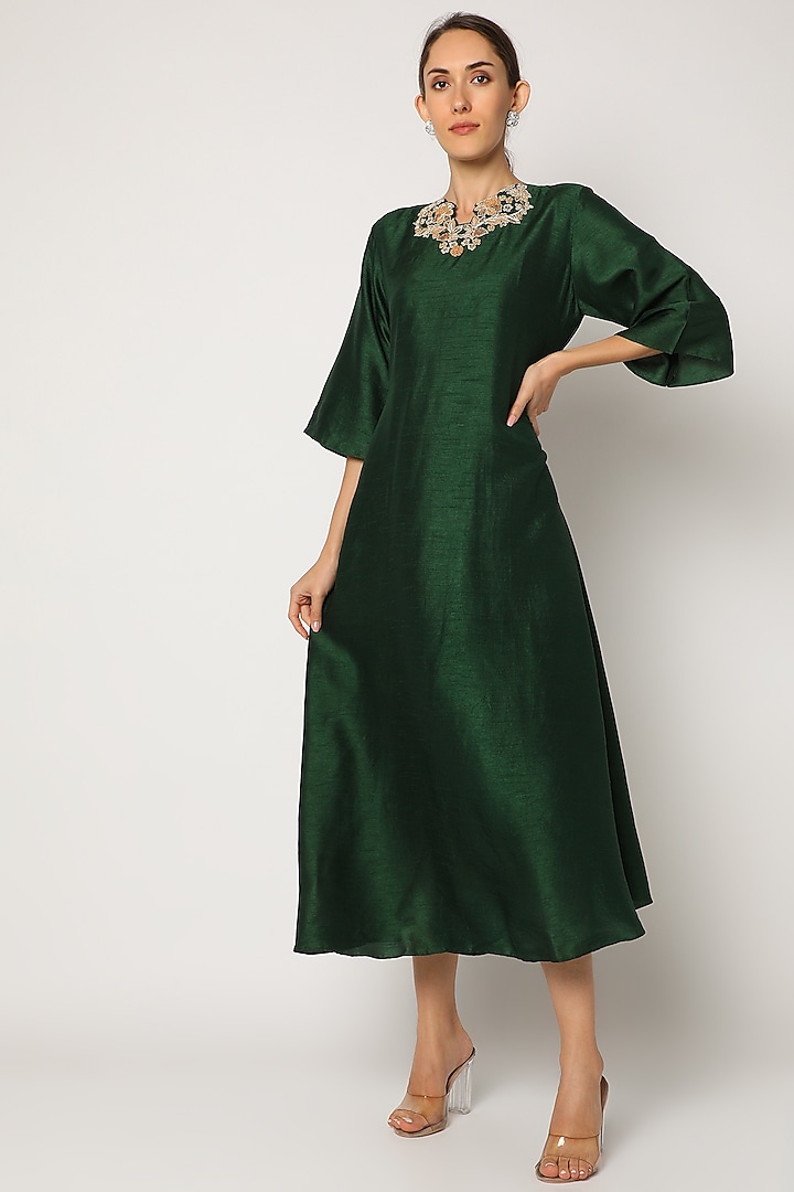 Bottle Green Embroidered Long Kurta by July
