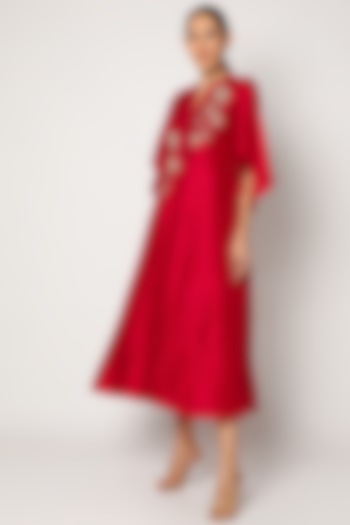 Red Embroidered Asymmetrical Kurta by July