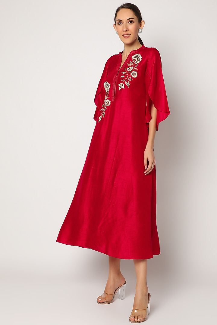 Red Embroidered Asymmetrical Kurta by July