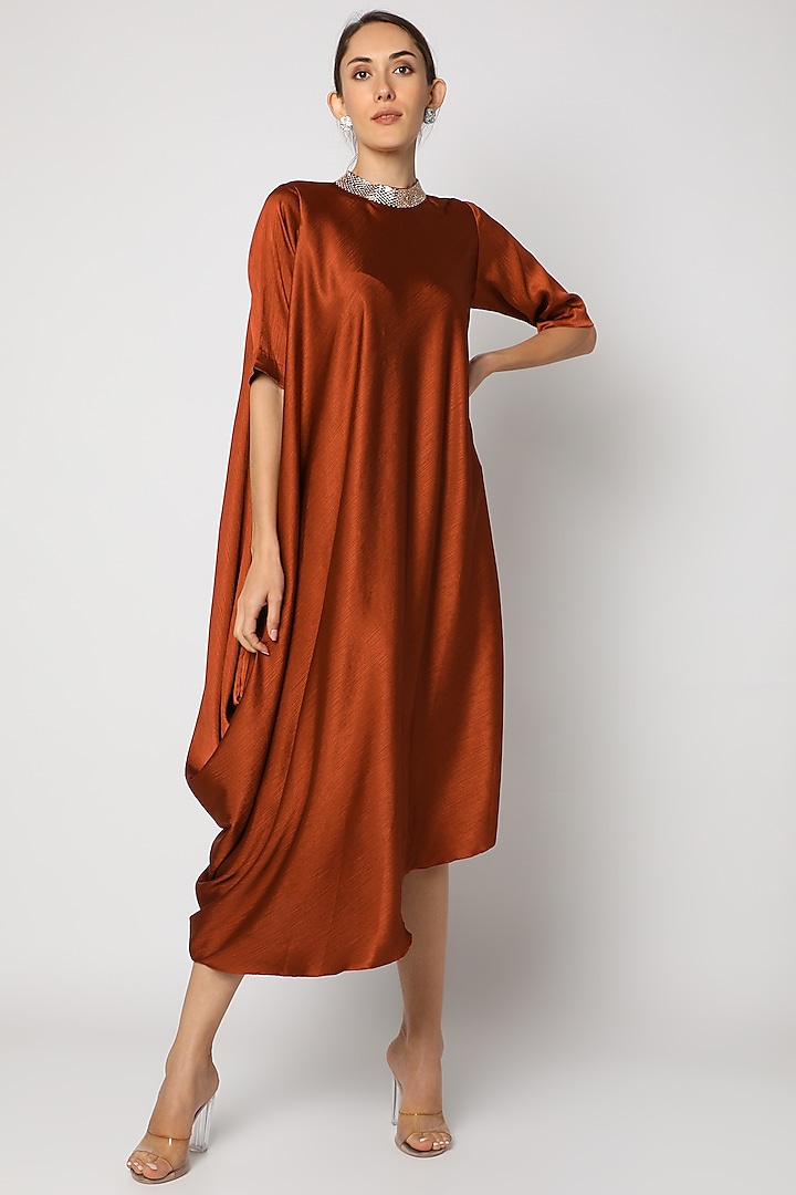 Brown Embellished Cowl Draped Dress by July