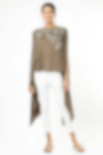 Light Brown Embroidered Asymmetrical Cape Top by July