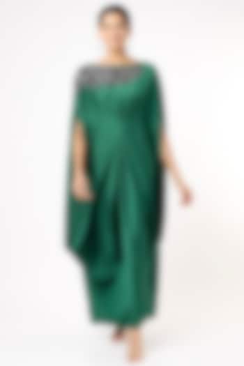 Emerald Green Hand Embroidered Cowl Draped Vacation Dress by July at Pernia's Pop Up Shop