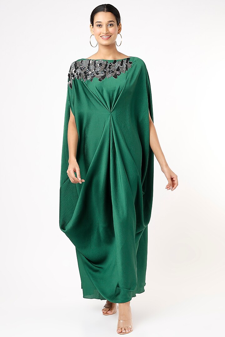 Emerald Green Hand Embroidered Cowl Draped Vacation Dress by July at Pernia's Pop Up Shop
