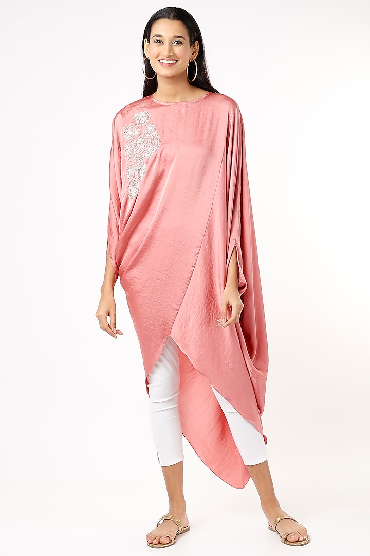 Blush Pink Hand Embroidered Asymmetrical Draped Tunic by July at Pernia's Pop Up Shop