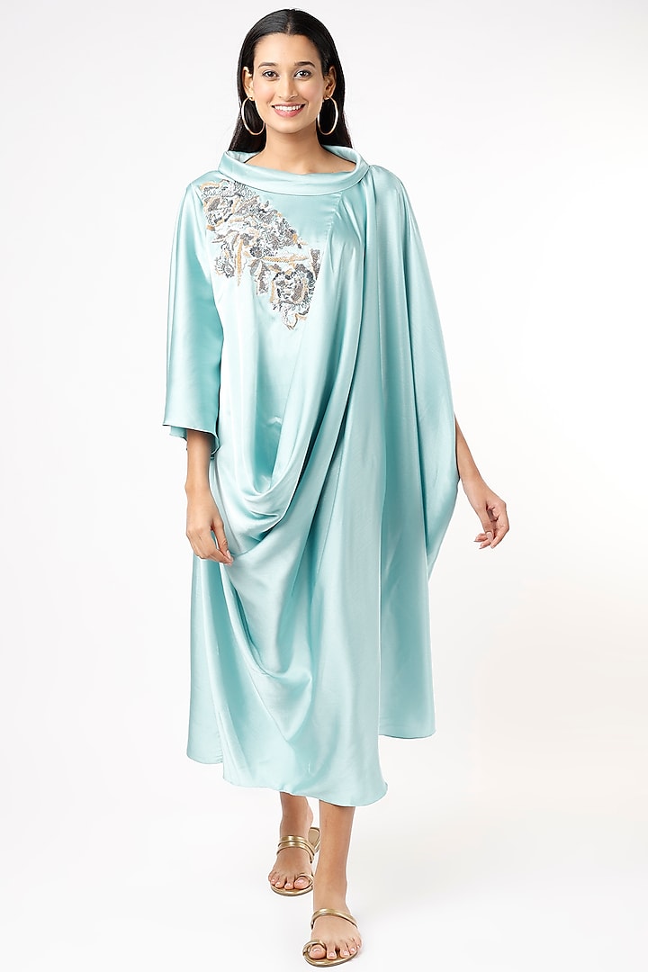 Sky Blue Hand Embroidered Cowl Draped Dress by July