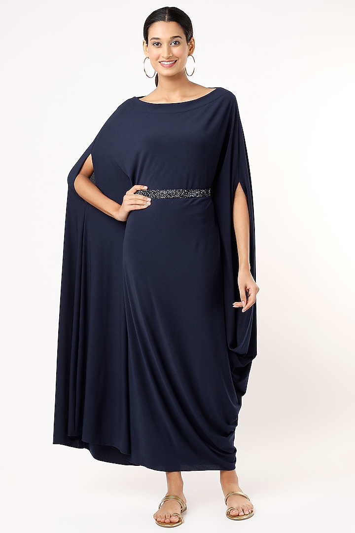 Midnight Blue Heavy Lycra Draped Vacation Dress by July at Pernia's Pop Up Shop