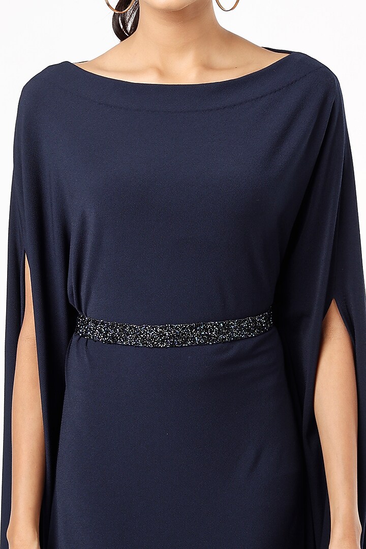 Midnight Blue Heavy Lycra Draped Vacation Dress by July at Pernia's Pop Up Shop