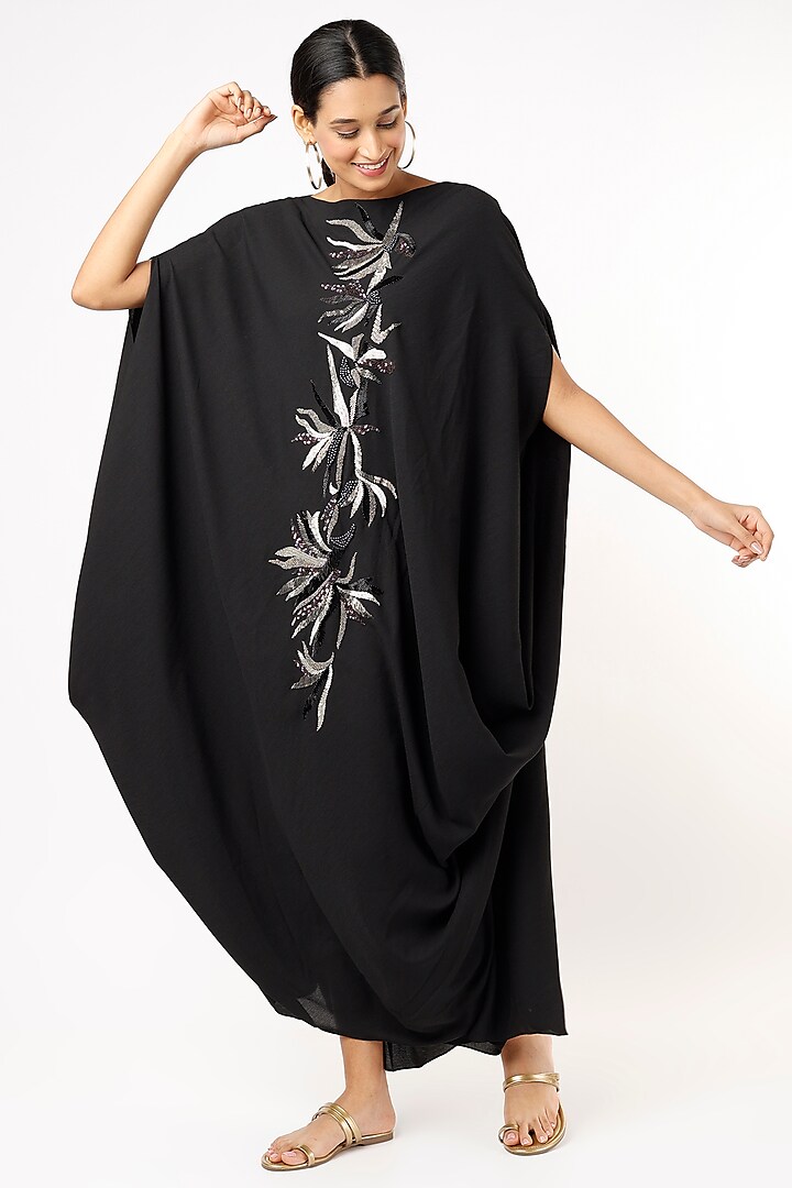 Black Hand Embroidered Draped Dress by July