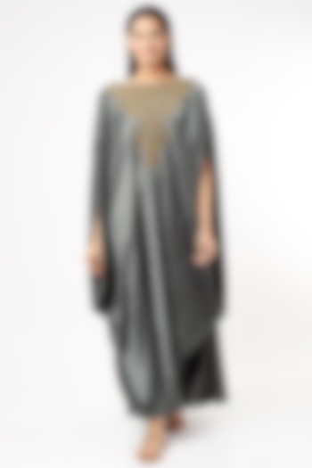 Dark Grey Hand Embroidered Draped Vacation Dress by July at Pernia's Pop Up Shop