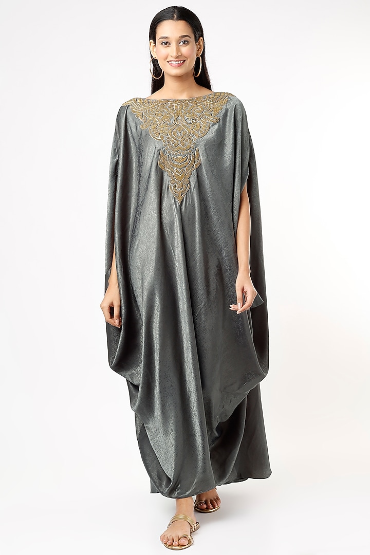 Dark Grey Hand Embroidered Draped Vacation Dress by July at Pernia's Pop Up Shop