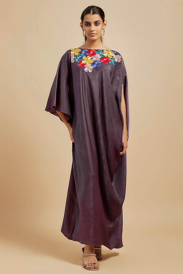 Purple Suede Cutdana Embroidered Draped Dress by July