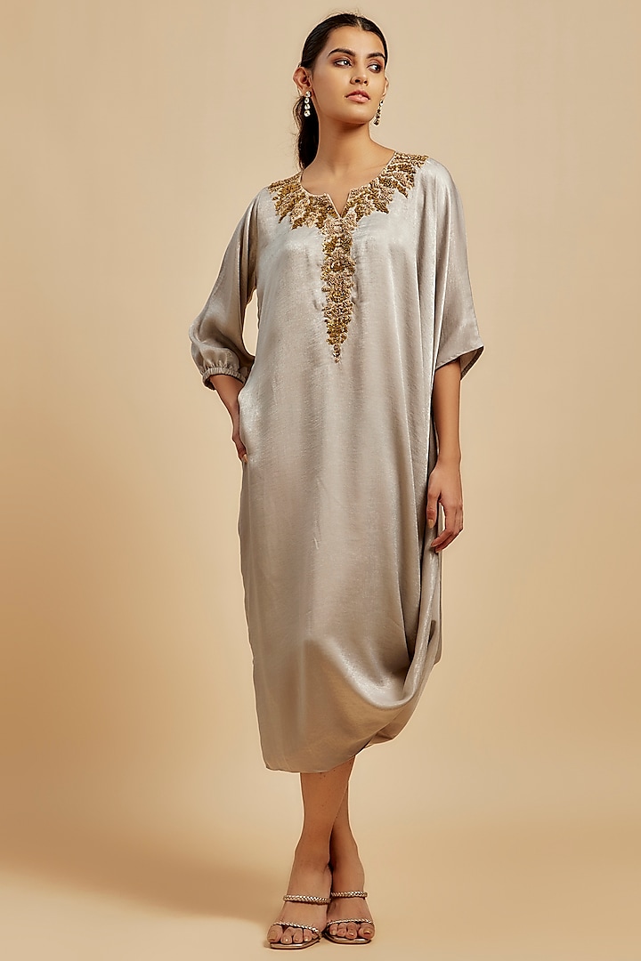 Silver Suede Gota Work Draped Dress by July at Pernia's Pop Up Shop