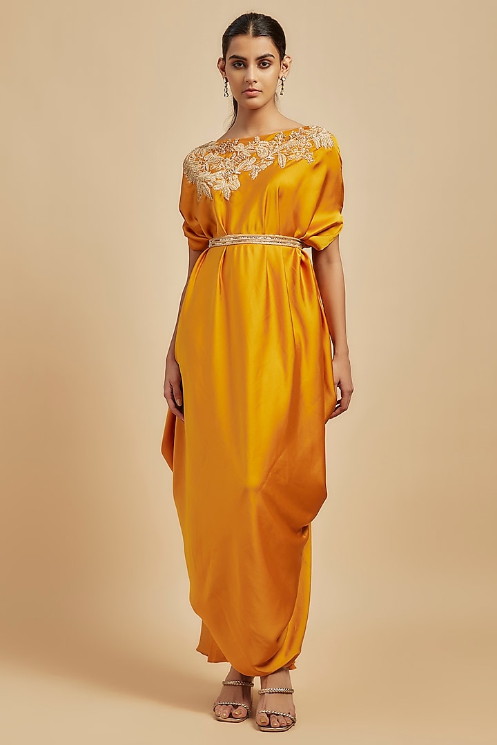 Yellow Satin Hand Embroidered Dress by July