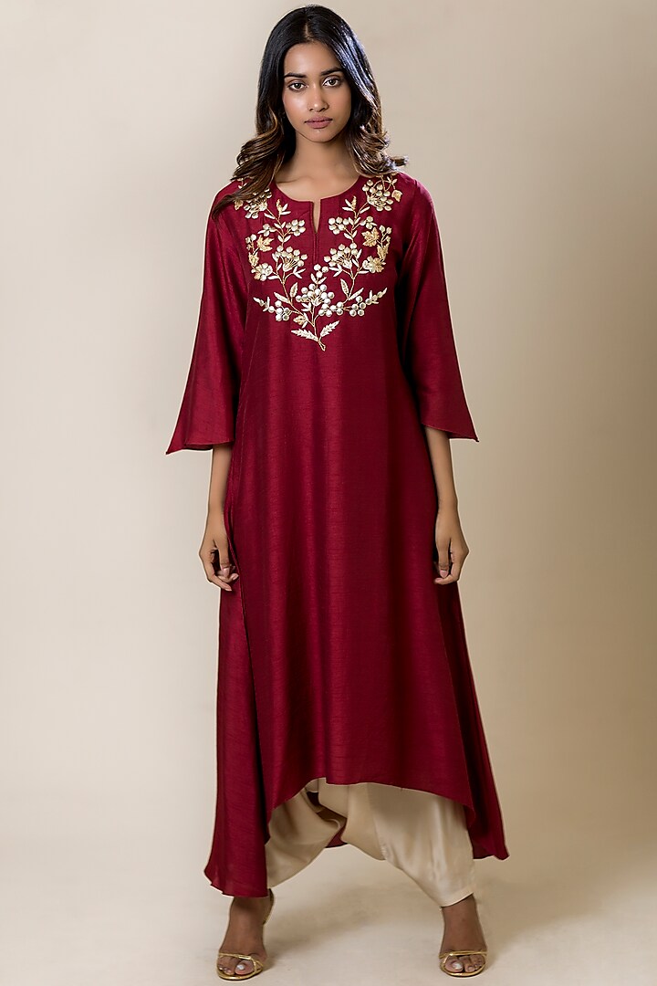 Maroon Embroidered Asymmetric Tunic by July