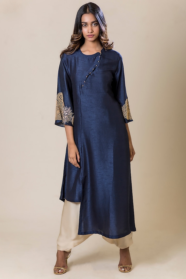 Blue Asymmetric Floral Embroidered Tunic Design by July at Pernia's Pop ...