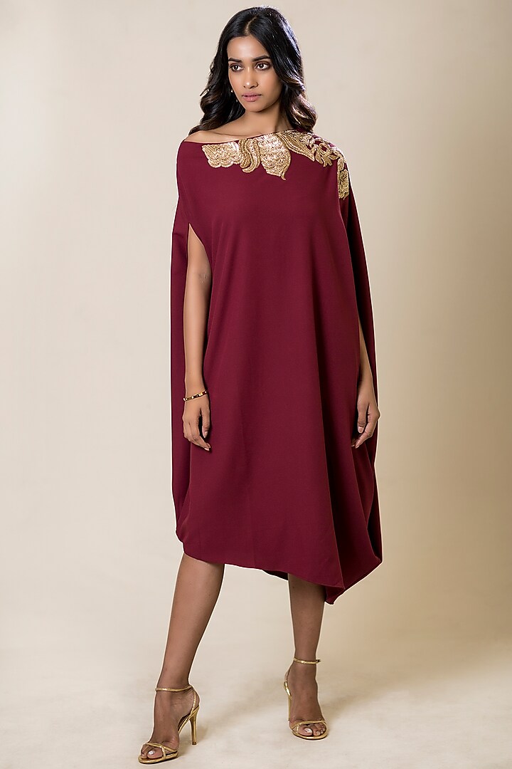 Maroon Embroidered Off-Shoulder Tunic by July