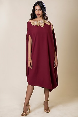 Maroon Embroidered Off-Shoulder Tunic by July
