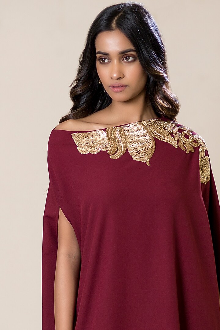 Maroon Embroidered Off-Shoulder Tunic by July at Pernia's Pop Up Shop