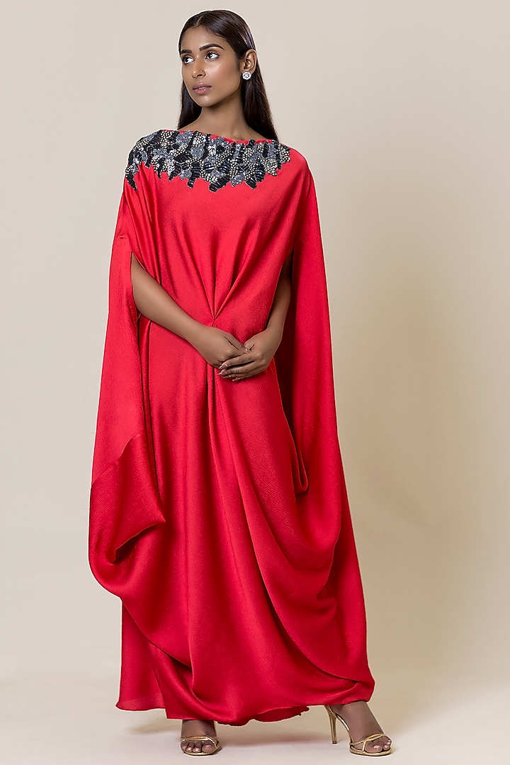 Red Embroidered Asymmetric Cowl Tunic by July
