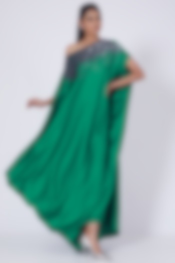 Emerald Green Zardosi Embroidered Off Shoulder Dress by July at Pernia's Pop Up Shop