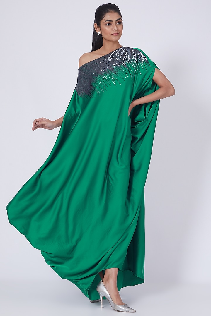 Emerald Green Zardosi Embroidered Off Shoulder Dress by July at Pernia's Pop Up Shop