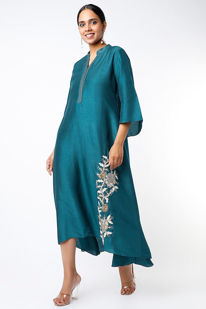 Dark Turquoise Hand Embroidered Kurta by July