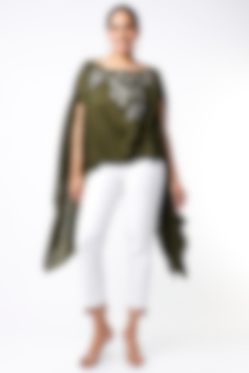 Olive Green Embroidered Cape Top by July
